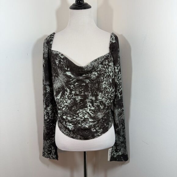 Open Edit Nordstrom Blouse Top M Cowl Neck Smocked Long Sleeve Teal Brown NWT$59 - Picture 1 of 11